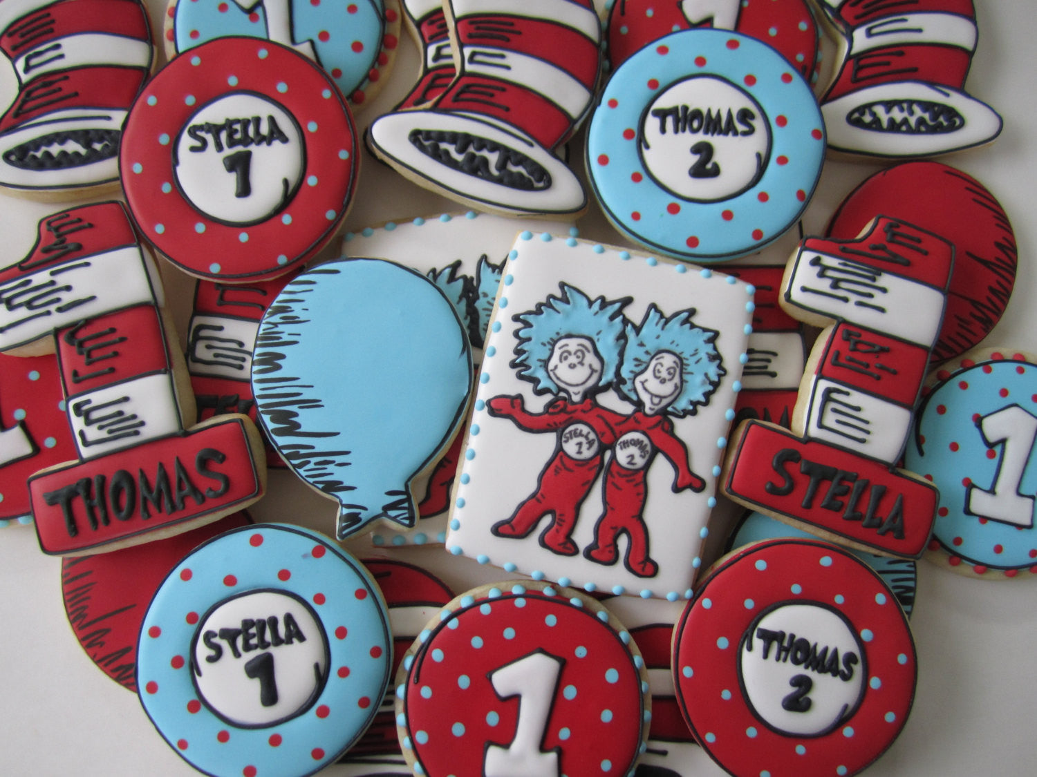 Dr. Seuss Cat In The Hat 1st Birthday Party Sugar CookiesThing One An