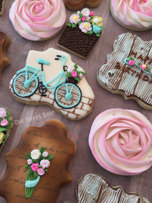 Vintage Bicycles, Flowers, Wooden Fences And Rosette Sugar Cookies TheIcedSugarCookie.com One Sweet Shop Cookies