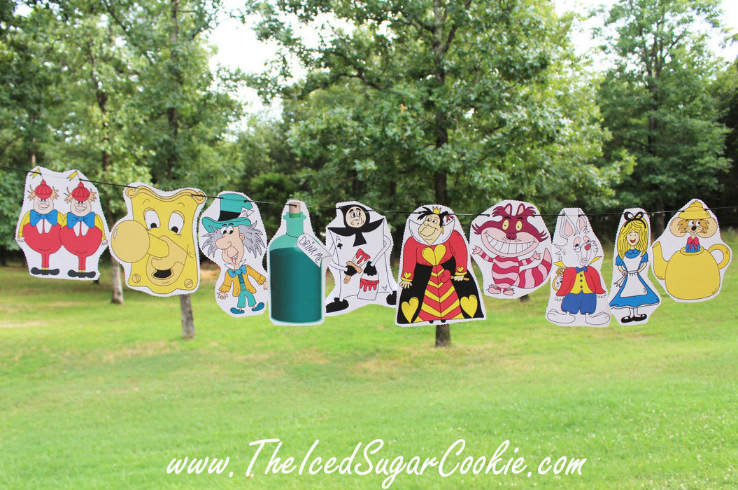 Alice In Wonderland Photo Booth Props, Bunting Banner and Food Labels Tent Cards.