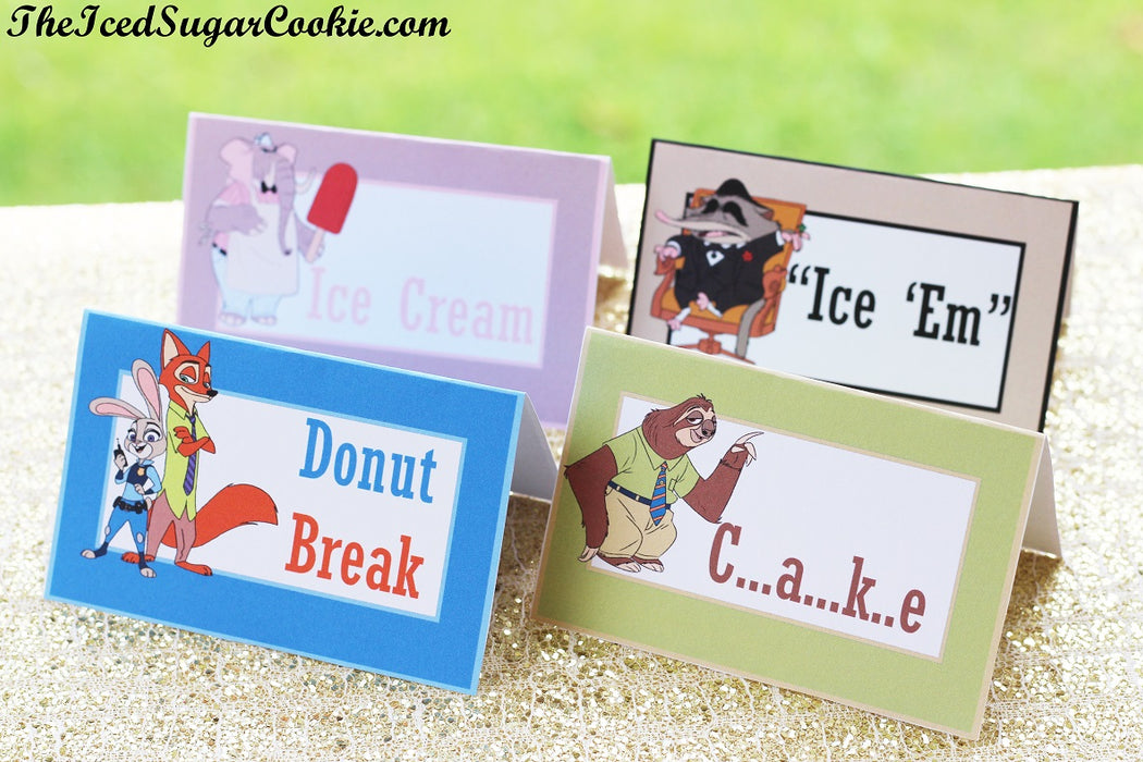 Free Zootopia Food Label Tent Cards And Banner Garland by TheIcedSugarCookie.com #zootopia #zootopiaprintables 
